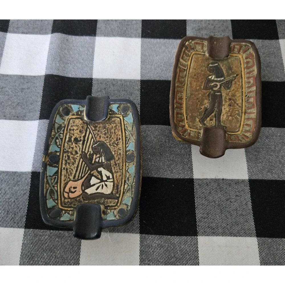 VTG F. Lli Marchi Brescia Egyptian Themed Ashtrays Italian Art Pottery Lot‎ of 2